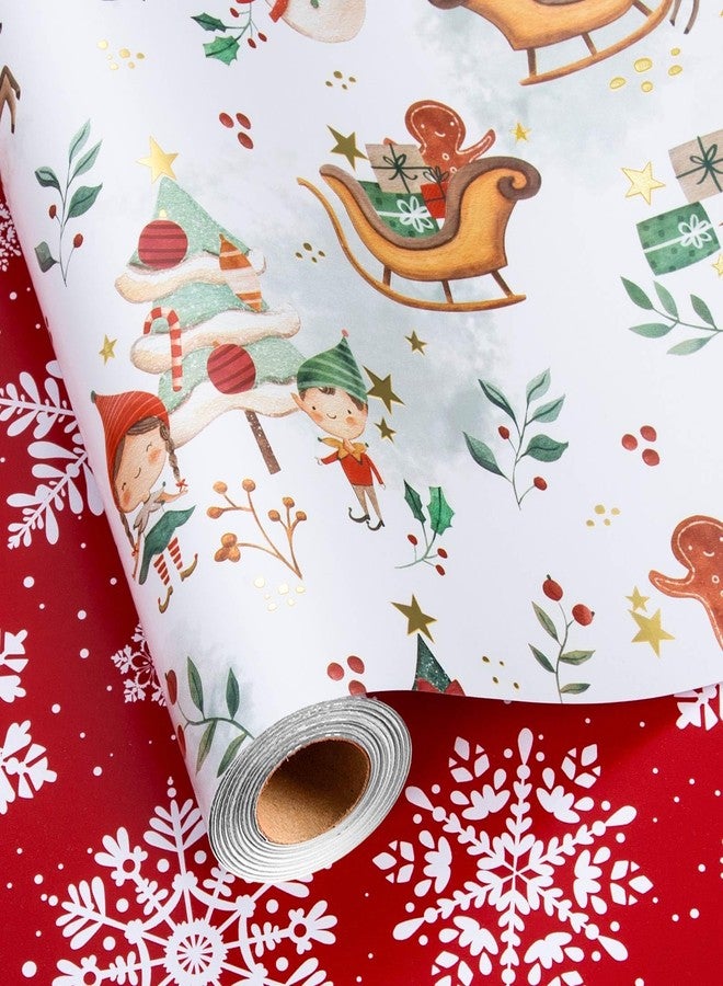 MAYPLUSS Christmas Wrapping Paper Roll - 17IN X 33FT - Santa Claus Gift Wrapping Paper Featuring Sleigh Christmas Tree Gnome Reindeer Holly Gingerbread Reversible Snowflake for Kids, Holiday, New Year - Image 1